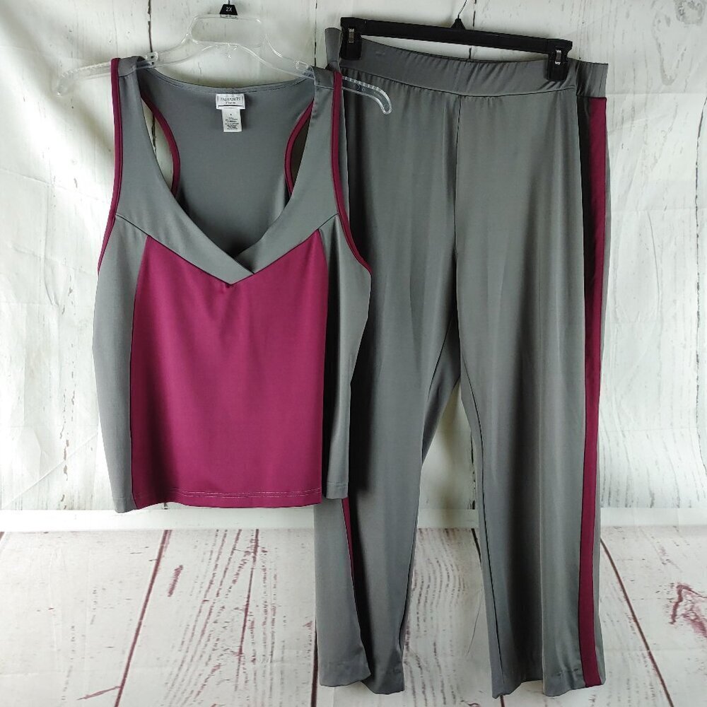 Passports Sz X Tank Top 1X Pants Set Gray/purple Sleeveless Scoop Neck Workout